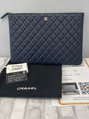 Chanel Quilted Lambskin Large O Case Clutch Bag in Navy - Like NEW